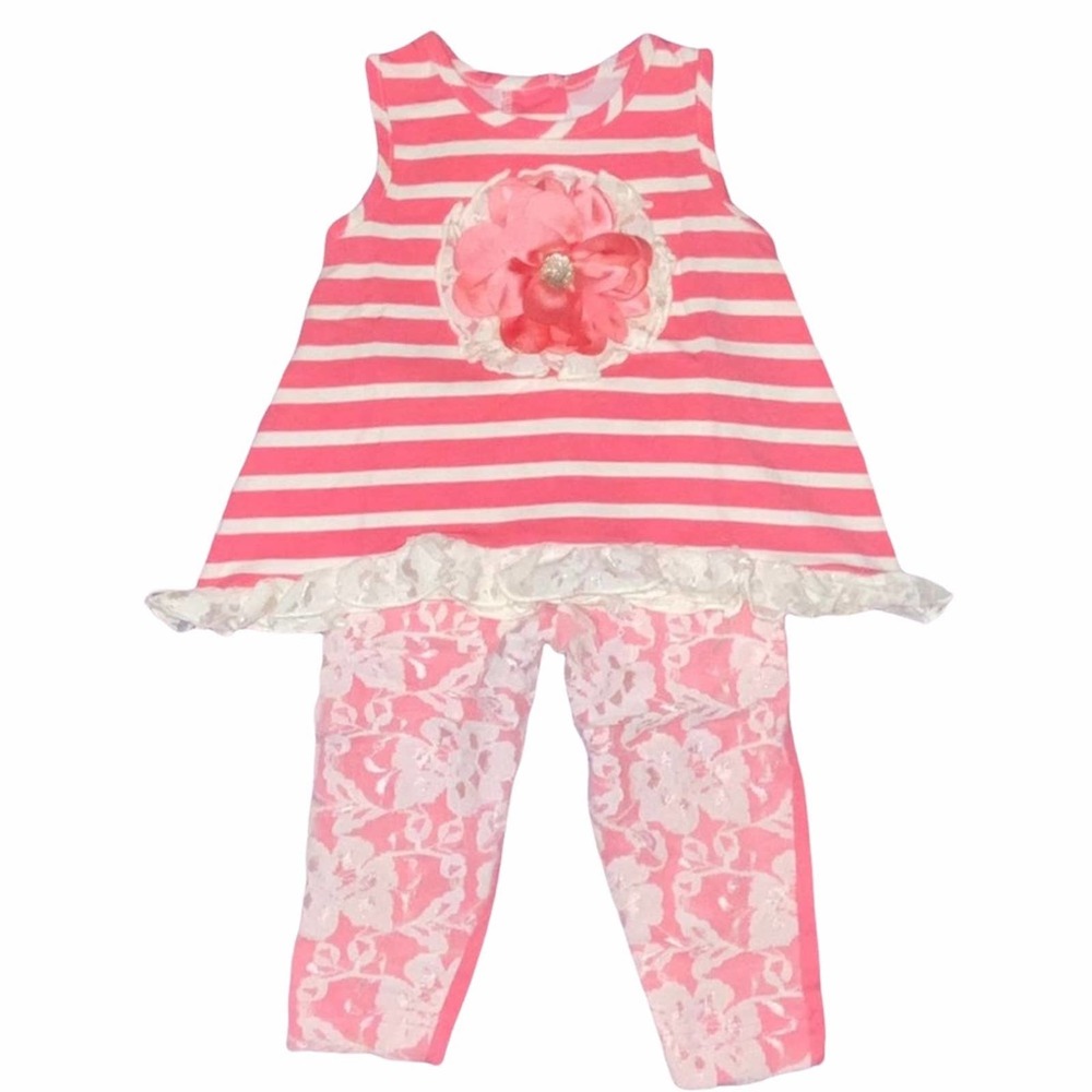 6/9 Peaches n' Cream Baby Girls Boutique Coral Ivory Lace Flower Outfit Set